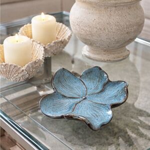 Arhaus Floral Ceramic Bowl | Blue Glaze Trinket Dish